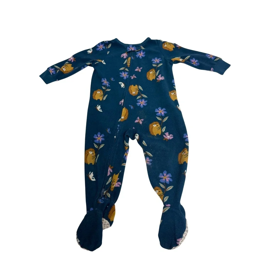 Carters 12M Navy Blue Hedgehog Floral Fleece Footed Pajamas Sleep Play Zip Up